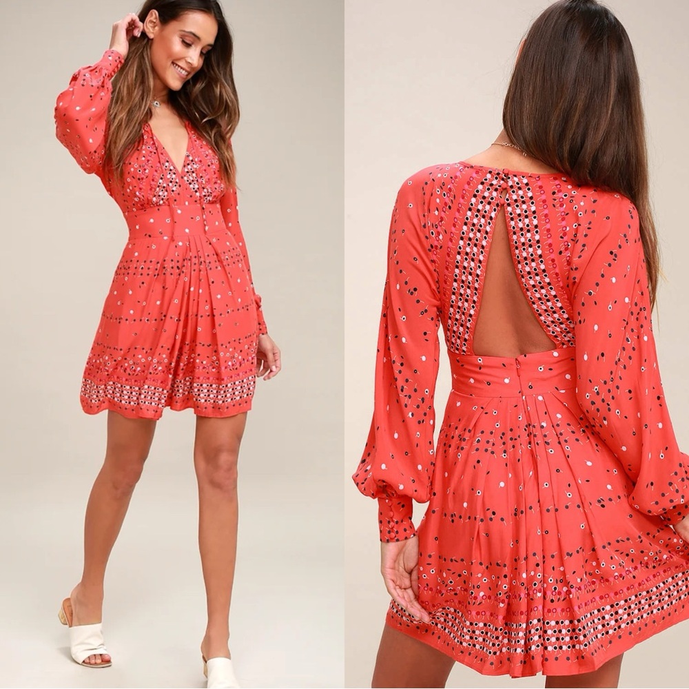 FREE PEOPLE Coryn Coral Orange Printed Long Sleeve Dress